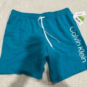 Calvin Klein Men's Teal Athletic Swim Shorts with White Drawstring